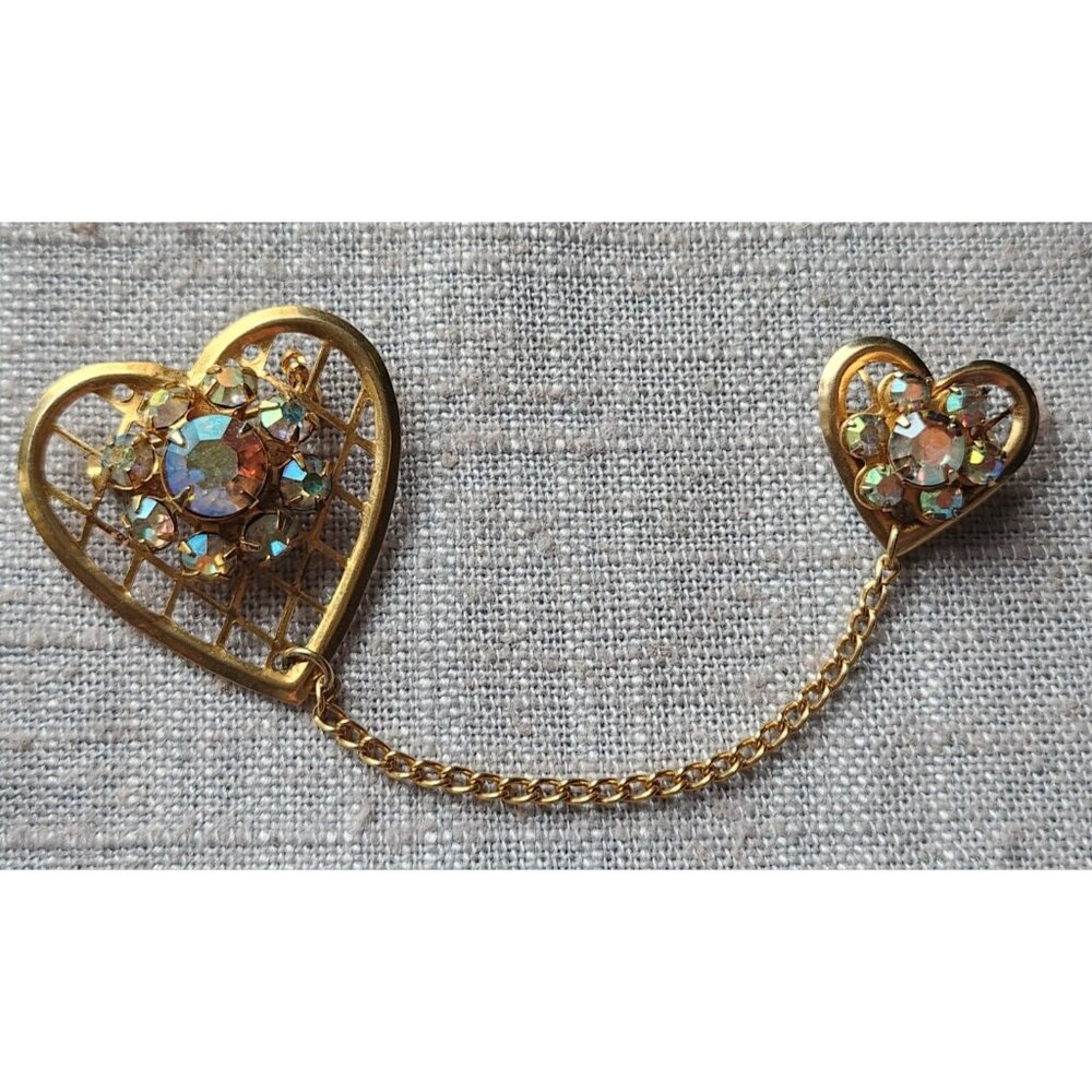 Vintage 1960's Double Hearts Pin Brooch Gold tone Aurora Borealis Crystals